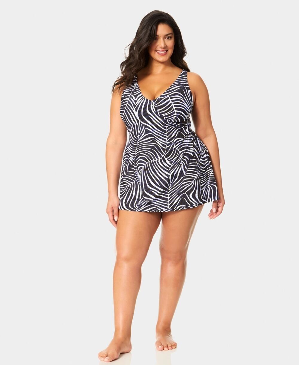 Anne Cole Plus Size V-Neck Surplice Wrap Printed Swim Dress Navy Size 22W 4215
